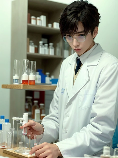 (best quality), (photo-realistic:1),realistic skin texture,bokeh,face focus ,looking at viewer,
pharmacist man,white lab coat,young, handsome,
lab，do experiments, test tube,beaker,microscope，bookshelf，colored liquid，
<lora:chineseβmalelikeness3:0.7>