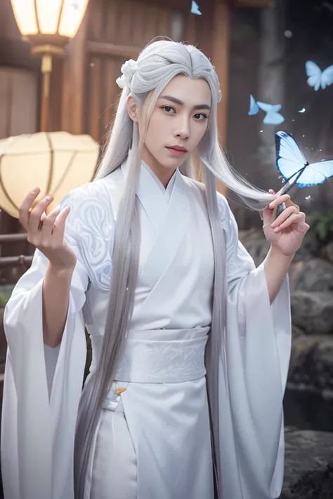 A handsome man bathing in the moonlight, he has strong chest muscles, women will fall in love with him when they see him, high-definition pictures, amazing quality, 8k high-definition, beautiful eyes, high nose bridge, pointed chin, Wearing Hanfu, Hanfu is made of white gauze, exuding a beautiful light,The man has long hair, his hairline is low and his hair is silver white,He has long hair like martial arts novels,Outdoor scene with sakura trees around and petals falling down,The man has silver-white bangs and long silver-white hair that grows to his waist,He is dressed in silk, a white slightly sheer Chinese robe,His normal body is in the hot spring, night,There are many fireflies flying around, the environment is beautiful and beautiful,his hair is very long,Chinese style, Chinese ancient style, Hanfu,The man has very long hair, silver and white hair, wearing a beautiful Chinese hairpin,Changing his original hairstyle and extending the bangs of this man, let him have the long hair of ancient Chinese people, he has silver-white long hair,He holds a silver Chinese sword in his hand, the Chinese sword is very gorgeous, the sword is shining, he has silver-white eyebrows, he has long eyelashes, he has beautiful eyes, he has slender fingers,He is so handsome that women fall in love with him instantly,Lowering his hairline, sideburns elongated into silver hair,Showing off his toned pecs, perfect body,His body exudes a beautiful light,Loose long hair, long silver-white hair, long hair scattered on the shoulders, long hair scattered to the waist,He's in the hot spring, he's getting wet, he's sitting in the hot spring,turned his black eyebrows to silvery white,night scene,extend all his hair,His hair has a Chinese-style hairpin made of milky white jade,His silver-white hair is very long, and his hair is very flowing, and his hair is flying in the air,The material of the clothes is sheer tulle,His clothes are made of silk, very thin robes,Ancient Chinese Hanfu, beautiful Hanfu with beautiful ornaments on his head with a beautiful hairpin,Beautiful blue butterflies flying around,Chinese ancient buildings,Night scenery, flying butterflies, sparkling hair,His hair is all silvery white,Gem-like eyes, blue eyes surrounded by sakura trees <lora:chineseMaleLikeness_chineseMaleLikeness3:0.6> <lora:bosi-000002:0.4>