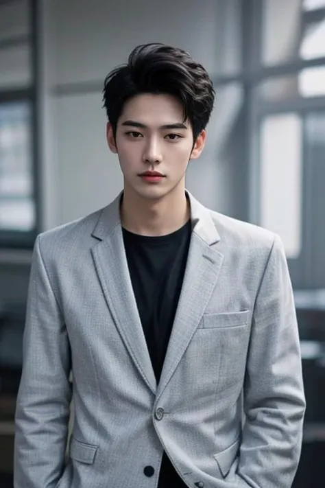 (masterpiece:1.21),(bestquality:1.21),8k,high detailed,ultra-detailed,photography,award winning,documentary,realistic,crystal clear,8K UHD,high detail,ultra-realistic,1boy,solo,male focus,slim asian male,tall,thin,black eyes,solid eyes,thick eyebrows,Real Skin Texture,Textured Male Haircut,(wearing fashion male clothing:1.44),portrait,Giggling,