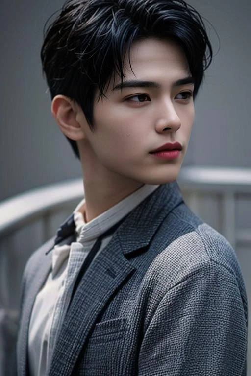 (masterpiece:1.21),(bestquality:1.21),8k,high detailed,ultra-detailed,photography,award winning,documentary,realistic,crystal clear,8K UHD,high detail,ultra-realistic,1boy,solo,male focus,slim asian male,tall,thin,black eyes,solid eyes,thick eyebrows,Real Skin Texture,Textured Male Haircut,black blazer,close-up view,