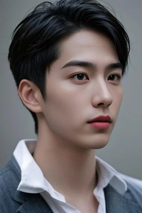 (masterpiece:1.21),(bestquality:1.21),8k,high detailed,ultra-detailed,photography,award winning,documentary,realistic,crystal clear,8K UHD,high detail,ultra-realistic,1boy,solo,male focus,slim asian male,tall,thin,black eyes,solid eyes,thick eyebrows,Real Skin Texture,Textured Male Haircut,black blazer,close-up view,