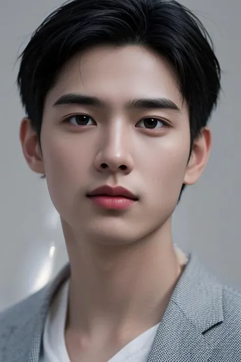 (masterpiece:1.21),(bestquality:1.21),8k,high detailed,ultra-detailed,photography,award winning,documentary,realistic,crystal clear,8K UHD,high detail,ultra-realistic,1boy,solo,male focus,slim asian male,tall,thin,black eyes,solid eyes,thick eyebrows,Real Skin Texture,Textured Male Haircut,black blazer,close-up view,
