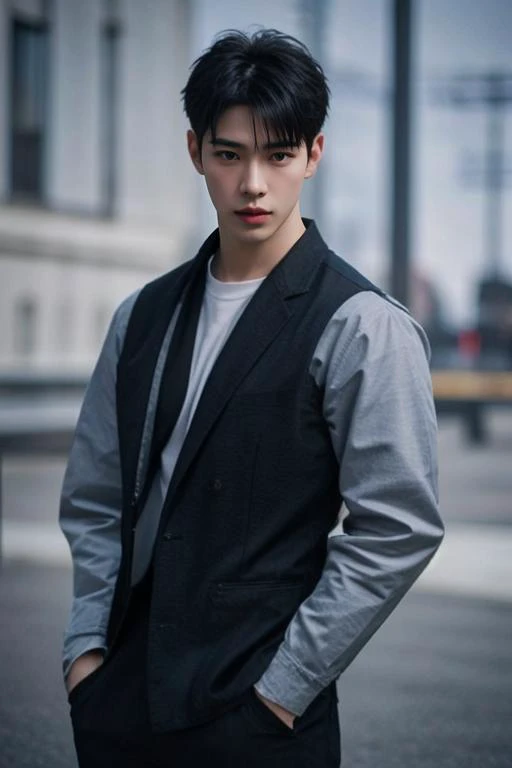 (masterpiece:1.21),(bestquality:1.21),8k,high detailed,ultra-detailed,photography,award winning,documentary,realistic,crystal clear,8K UHD,high detail,ultra-realistic,1boy,solo,male focus,slim asian male,tall,thin,black eyes,solid eyes,thick eyebrows,Real Skin Texture,Textured Male Haircut,(wearing fashion male clothing:1.44),portrait,Dot Mouth,