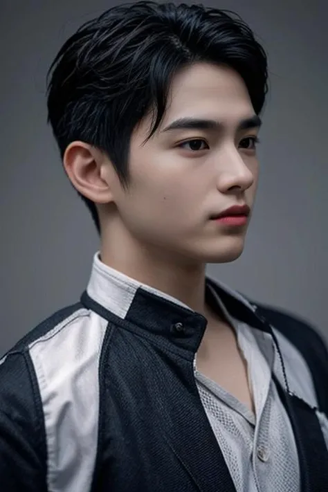 (masterpiece:1.21),(bestquality:1.21),8k,high detailed,ultra-detailed,photography,award winning,documentary,realistic,crystal clear,8K UHD,high detail,ultra-realistic,1boy,solo,male focus,slim asian male,tall,thin,black eyes,solid eyes,thick eyebrows,Real Skin Texture,Textured Male Haircut,black blazer,close-up view,