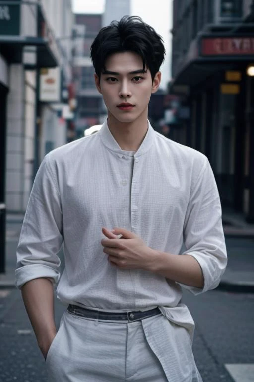 (masterpiece:1.21),(bestquality:1.21),8k,high detailed,ultra-detailed,photography,award winning,documentary,realistic,crystal clear,8K UHD,high detail,ultra-realistic,1boy,solo,male focus,slim asian male,tall,thin,black eyes,solid eyes,thick eyebrows,Real Skin Texture,Textured Male Haircut,(wearing fashion male clothing:1.44),portrait,Lips,