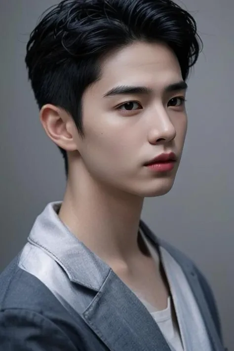 (masterpiece:1.21),(bestquality:1.21),8k,high detailed,ultra-detailed,photography,award winning,documentary,realistic,crystal clear,8K UHD,high detail,ultra-realistic,1boy,solo,male focus,slim asian male,tall,thin,black eyes,solid eyes,thick eyebrows,Real Skin Texture,Textured Male Haircut,black blazer,close-up view,