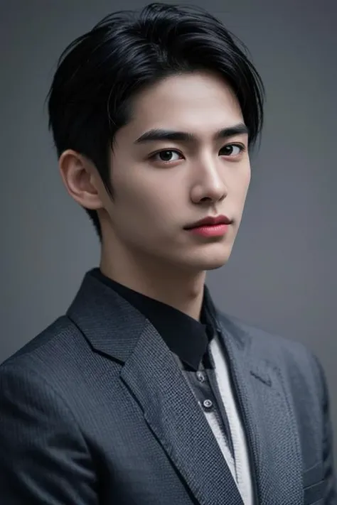 (masterpiece:1.21),(bestquality:1.21),8k,high detailed,ultra-detailed,photography,award winning,documentary,realistic,crystal clear,8K UHD,high detail,ultra-realistic,1boy,solo,male focus,slim asian male,tall,thin,black eyes,solid eyes,thick eyebrows,Real Skin Texture,Textured Male Haircut,black blazer,close-up view,