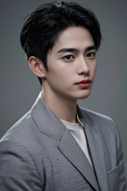 (masterpiece:1.21),(bestquality:1.21),8k,high detailed,ultra-detailed,photography,award winning,documentary,realistic,crystal clear,8K UHD,high detail,ultra-realistic,1boy,solo,male focus,slim asian male,tall,thin,black eyes,solid eyes,thick eyebrows,Real Skin Texture,Textured Male Haircut,black blazer,close-up view,