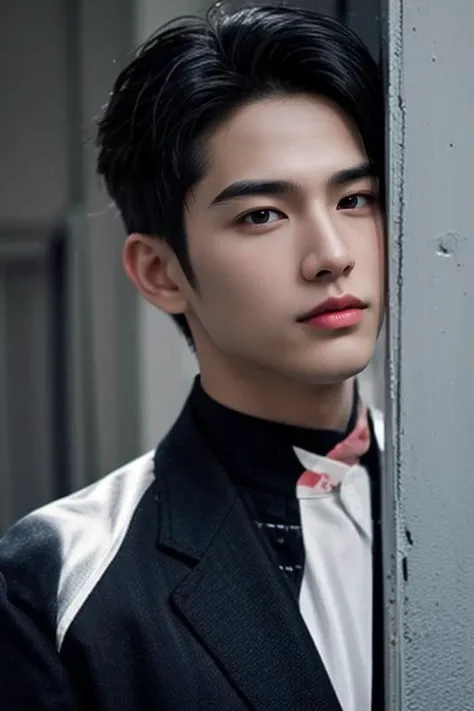 (masterpiece:1.21),(bestquality:1.21),8k,high detailed,ultra-detailed,photography,award winning,documentary,realistic,crystal clear,8K UHD,high detail,ultra-realistic,1boy,solo,male focus,slim asian male,tall,thin,black eyes,solid eyes,thick eyebrows,Real Skin Texture,Textured Male Haircut,black blazer,close-up view,