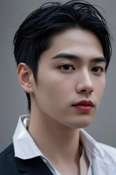 (masterpiece:1.21),(bestquality:1.21),8k,high detailed,ultra-detailed,photography,award winning,documentary,realistic,crystal clear,8K UHD,high detail,ultra-realistic,1boy,solo,male focus,slim asian male,tall,thin,black eyes,solid eyes,thick eyebrows,Real Skin Texture,Textured Male Haircut,black blazer,close-up view,