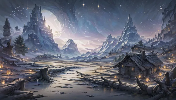 ((masterpiece:1.4,best quality)),  cloud,   outdoors,  (dessert:1.6),bloom, sparkle, ( mountain line in background:1.2),
scenery,  sky, (log cabin:1.4), trees,
(night:1.4), one  moon,  moonlight,  high detail, abundant, 8k, high detail,   wallpaper,
<lora:Freljord:0.7>,freljord,
 <lora:nighcore:0.3>,night sky