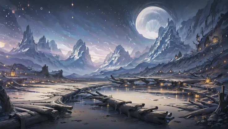 ((masterpiece:1.4,best quality)), cloud, outdoors, (dessert:1.6),bloom, sparkle, ( mountain line in background:1.2),
scenery, sky, (log cabin:1.4), trees,
(night:1.4), one moon, moonlight, high detail, abundant, 8k, high detail, wallpaper,
<lora:Freljord:0.7>,freljord,
<lora:nighcore:0.3>,night sky