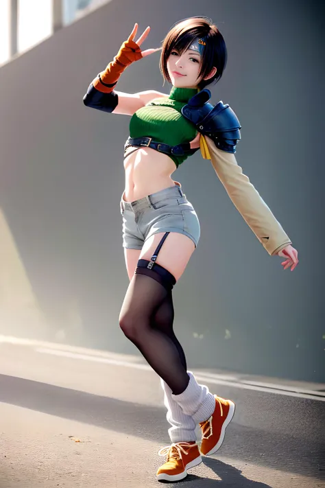 1 girl, solo, standing in factory, dynamic pose, smiling, <lora:yuffie-nvwls-v1-final:0.8>, yuffie kisaragi,headband, sleeveless turtleneck, shoulder armor, armguard, fingerless gloves, tan shorts, single thighhigh, fishnets, socks, sneakers,, (((anime))),masterpiece, best quality, intricate details, 8k uhd, perfect face, perfect eyes