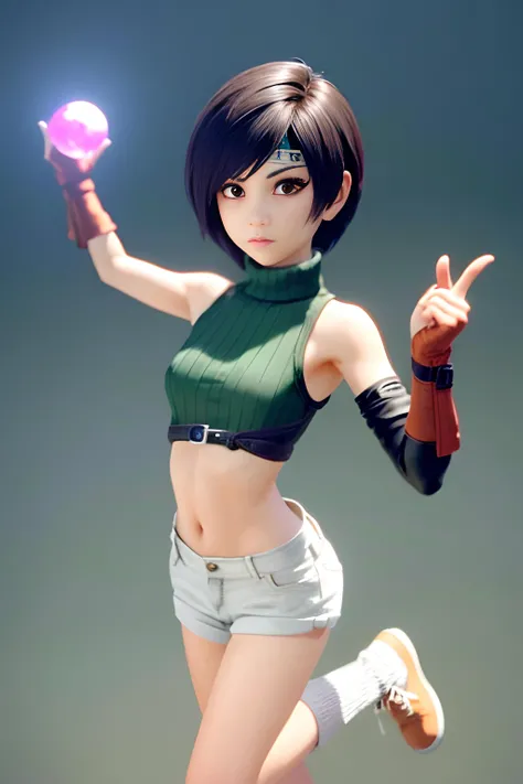 1 girl, solo, dark modern city, dynamic pose, looking viewer, holding up a small red crystal ball, <lora:yuffie-nvwls-v1-final:0.8>, yuffie kisaragi,headband, sleeveless turtleneck, shoulder armor, armguard, fingerless gloves, tan shorts, single thighhigh, fishnets, socks, sneakers,, (((3d, video game))),masterpiece, best quality, intricate details, 8k uhd, perfect face, perfect eyes