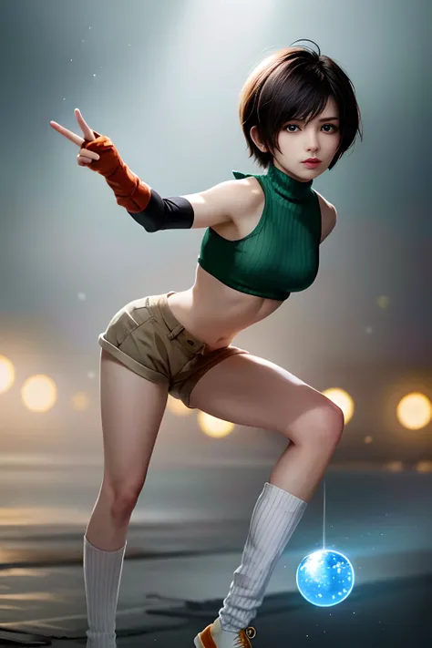 1 girl, solo, dark modern city, dynamic pose, looking viewer, holding up a small red crystal ball, <lora:yuffie-nvwls-v1-final:0.8>, yuffie kisaragi,headband, sleeveless turtleneck, shoulder armor, armguard, fingerless gloves, tan shorts, single thighhigh, fishnets, socks, sneakers,, (((photorealistic, hyper-realistic, RAW photo:1.2))),masterpiece, best quality, intricate details, 8k uhd, perfect face, perfect eyes,