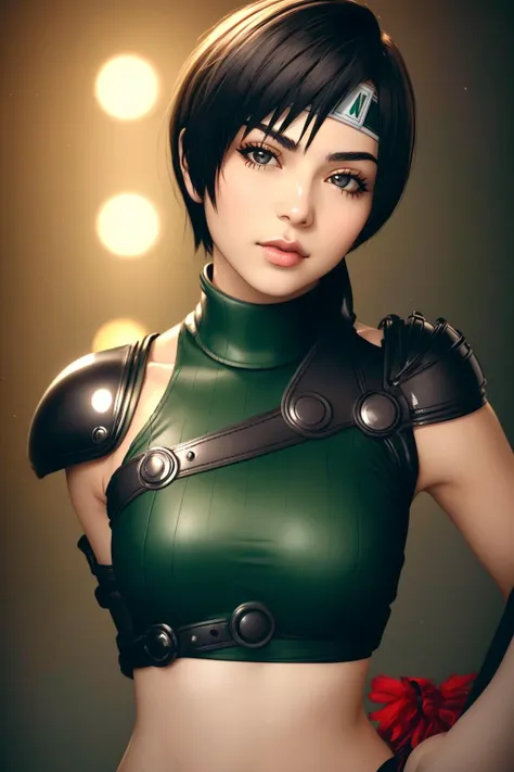 yuffie kisaragi, headband, sleeveless turtleneck, shoulder armor, armguard, fingerless gloves, <lora:yuffie-nvwls-v4:1>, (sharp focus:1.2), portrait, ((posing)), (beautiful face:1.1), detailed eyes, luscious lips, ((skindentation)), (bright studio lighting:1.2), depth of field, bokeh, 4K, HD