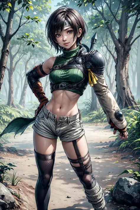 thick outlines, comics, photorealistic, perfect hands, masterpiece:1.2, forest, colorful, standing, smile, 1 girl, solo, <lora:yuffie-nvwls-v4:0.8>,yuffie kisaragi, short hair, black hair, headband, sleeveless turtleneck, shoulder armor, armguard, fingerless gloves, tan shorts, single thighhigh, fishnets, socks, sneakers, small breast, detailed background, detailed face, detailed eyes, <lora:add_detail:0.8>
