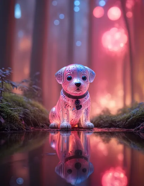 dynamic skewed camera angle, a (transparent:1.2) [:statue:20] cute puppy of <lora:Bio-Luminescence:0.5> in a bioluminescent forest full of life, (bokeh:1.4), reflections off ponds,  <lora:ral-colorswirl:1> ral-colorswirl with vivid saturated colors,  Chiaroscuro , <lora:Radiant_Darkness:1> Radiant Darkness,