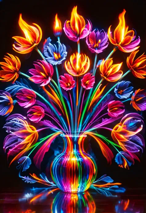 [  ral-colorswirl a  bouquet of rainbow colored fire flowers in a vase <lora:ral-colorswirl:1>:   ral-exposure a  bouquet of rainbow colored  fire flowers in a vase with a long exposure effect <lora:ral-exposure-sdxl:1>:10]   mirrored imagery of the light in the table.