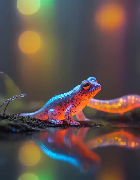 dynamic skewed camera angle, a (transparent:1.2) [:statue:20] cute newt of <lora:Bio-Luminescence:0.5> in a bioluminescent forest full of life, (bokeh:1.4), reflections off ponds,  <lora:ral-colorswirl:1> ral-colorswirl with vivid saturated colors,  Chiaroscuro , <lora:Radiant_Darkness:1> Radiant Darkness,