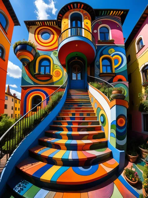 <lora:ral-colorswirl-sdxl:0.85>, <lora:EnvyBetterHiresFixXL01:0:hr=1>  whimsical staircase in Hundertwasser style, each step a unique ral-colorswirl pattern, leading to a rooftop garden. The entire structure is adorned with ral-colorswirl effects, captured in 8k resolution to highlight the intricate details. Use a fisheye lens for an expansive view, showcasing the vibrant ral-colorswirl and the architectural beauty of the staircase.