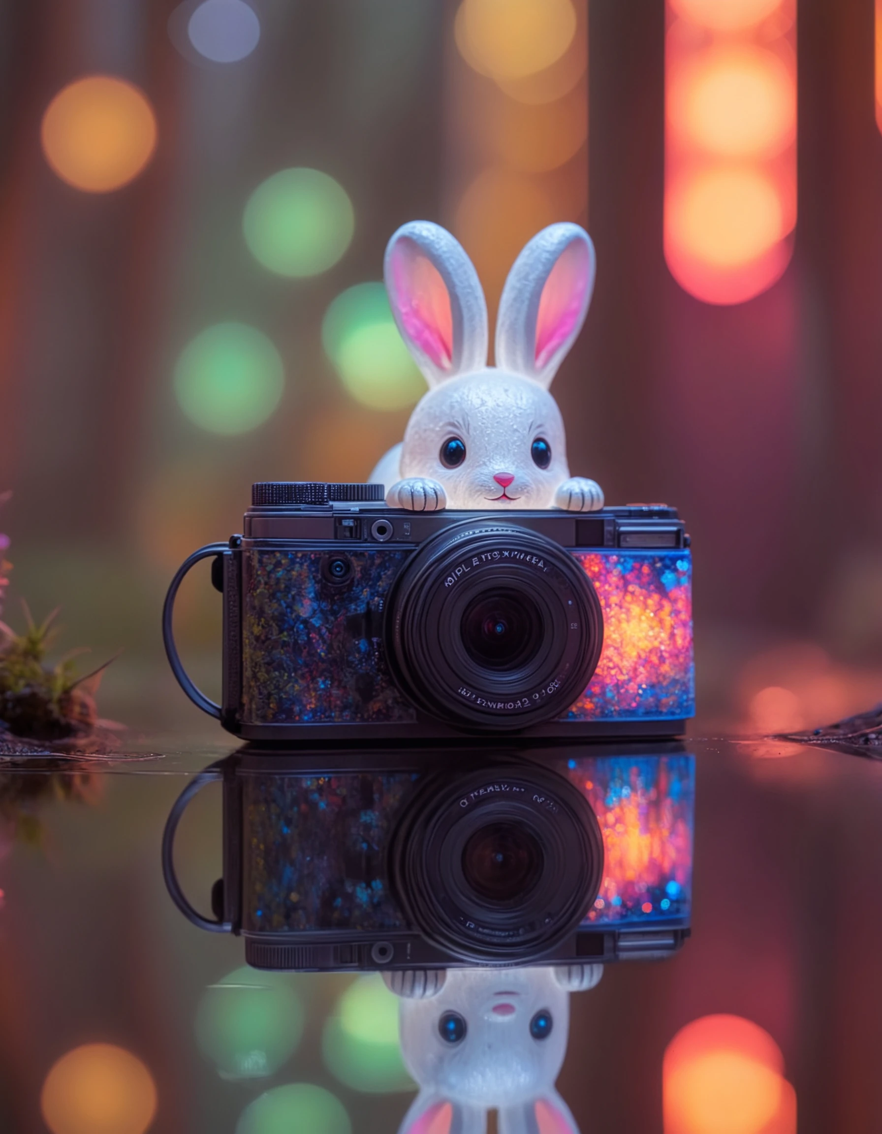 (roll camera on long axis:1.9,) dynamic skewed camera angle, a (transparent:1.2) [:statue:30] cute bunny of <lora:Bio-Luminescence:0.5> in a bioluminescent forest full of life, (bokeh:1.4), reflections off ponds,  <lora:ral-colorswirl:1> ral-colorswirl with vivid saturated colors,  Chiaroscuro , <lora:Radiant_Darkness:1> Radiant Darkness,