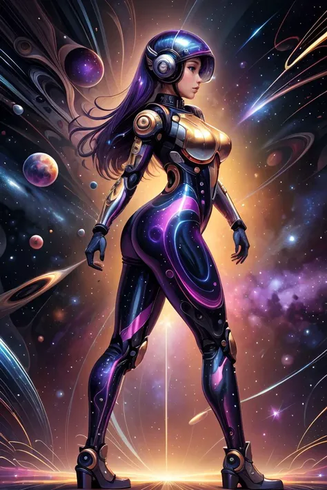 (best quality, masterpiece, realistic, detailed), cyber enhanced female cyborg wearing (navy blue cosmic glam bodysuit:1.1) (glimmering galaxy leggings with space odyssey hues:1.1), solo, full body, golden seams, side view, standing, legs spread apart, (lavender sparkle color background:1.3), nebula background, petite body, hourglass figure, large breasts, mg_jijia_girl, (machinery:1.1), mecha, glossy, dimly lit <lora:ral-colorswirl-sd15:1> ral-colorswirl