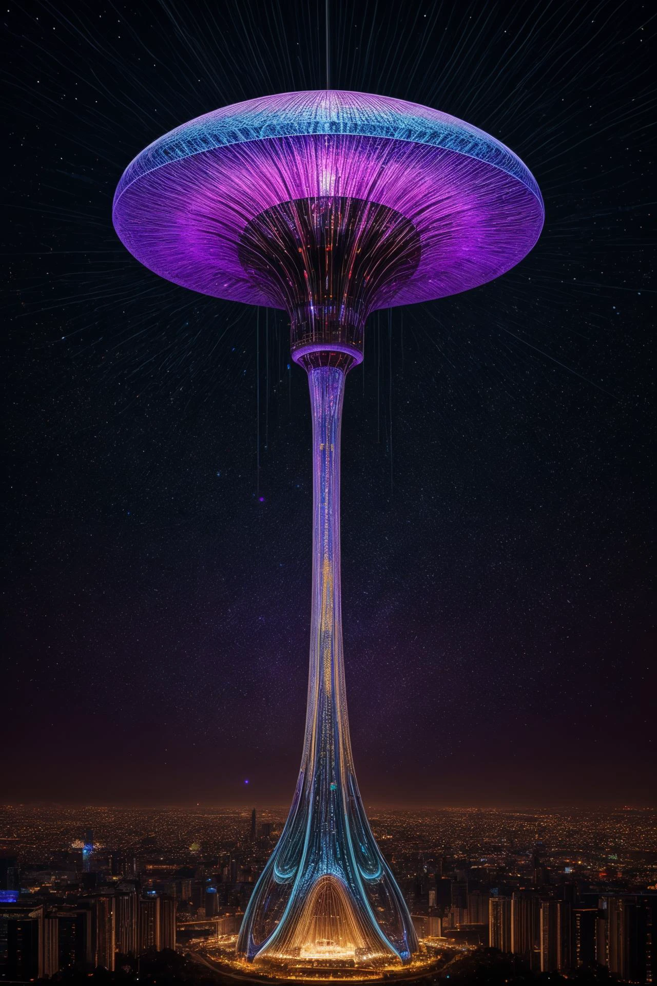 realistic,best quality,
a giant delicate mushroom space elevator made of opal above a futuristic city center,integrated computer circuitry in stem,ray tracing,glowing light particles,the early morning light,adorned with glistening techno dewdrops. in the background beautiful futuristic rave party,divine iridescent glowing,opalescent textures,volumetric light,ethereal,sparkling,light inside body,bioluminescence,highly detailed,sharp focus,<lora:add_detail:1>,cyber punk,psychedelic,gemtech,emerald,<lora:ral-colorswirl-sd15:0.5>,ral-colorswirl,<lora:DETAIL_SLIDER_BY_STABLE_YOGI:0.8>,<lora:Psykadelicwoxel3d:0.8>,psykadelicwoxel3d,made of voxels,