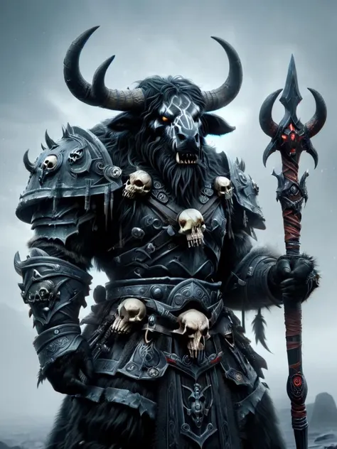 tauren, tauren death knight, death knight outfit, heavy armor with skulls, heavy armor, dark themed, holding sword in front of his body, war paint in his face, big horns, standing in foggy background <lora:tauren-sdxl:1>