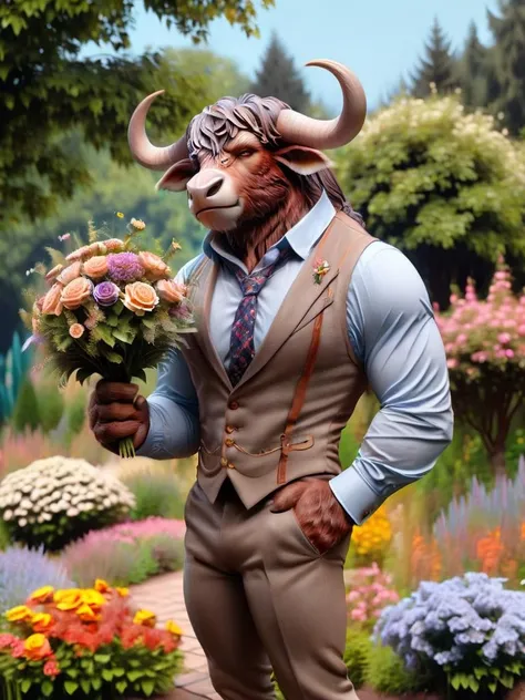 tauren, male tauren, tauren gigolo, realistic photo, tauren wearing a tight shirt, wearing a west and a tie, waering trousers, hodling a flower bouquet, in the garden, flower background, trees on the horizon <lora:tauren-sdxl:1>