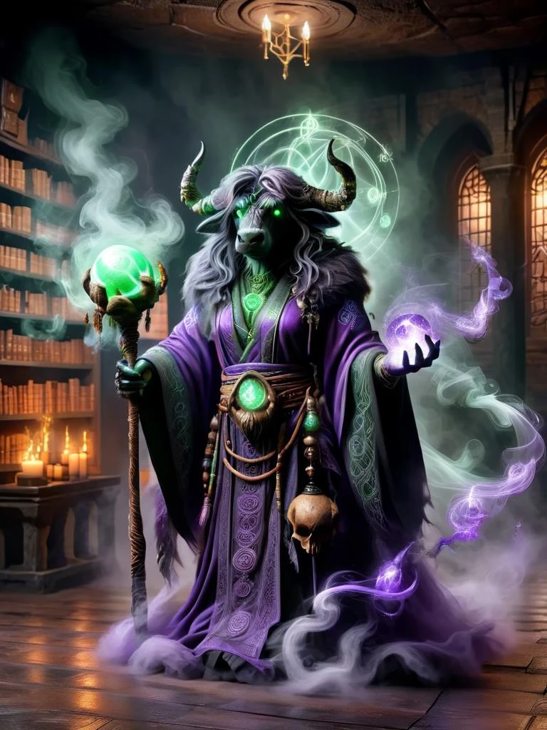 tauren, tauren witch master, witch master outfit, staff with purple glowing orb on top, mystical symbols in the background, smoke on the floor, wearing a robe with green glowing stone, casting magic in the left hand, skulls accessoirs below the waist <lora:tauren-sdxl:1>