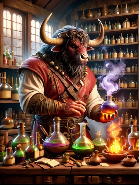 tauren, tauren alchemist, male tauren, tauren with horned head, beard, alchemist flasks on table, flasks in shelfes in the background, in front of a window, cooking potion with fire in a bowl, on wooden table <lora:tauren-sdxl:1>