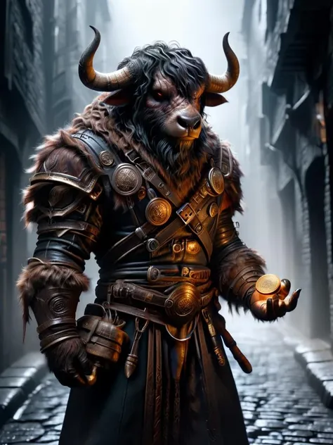 tauren, tauren assasin, male tauren, standing in dark alley, holding a shiny coin in his left hand, looking at his hands, wearing leather gear, dark fur, leather straps on his arms <lora:tauren-sdxl:1>