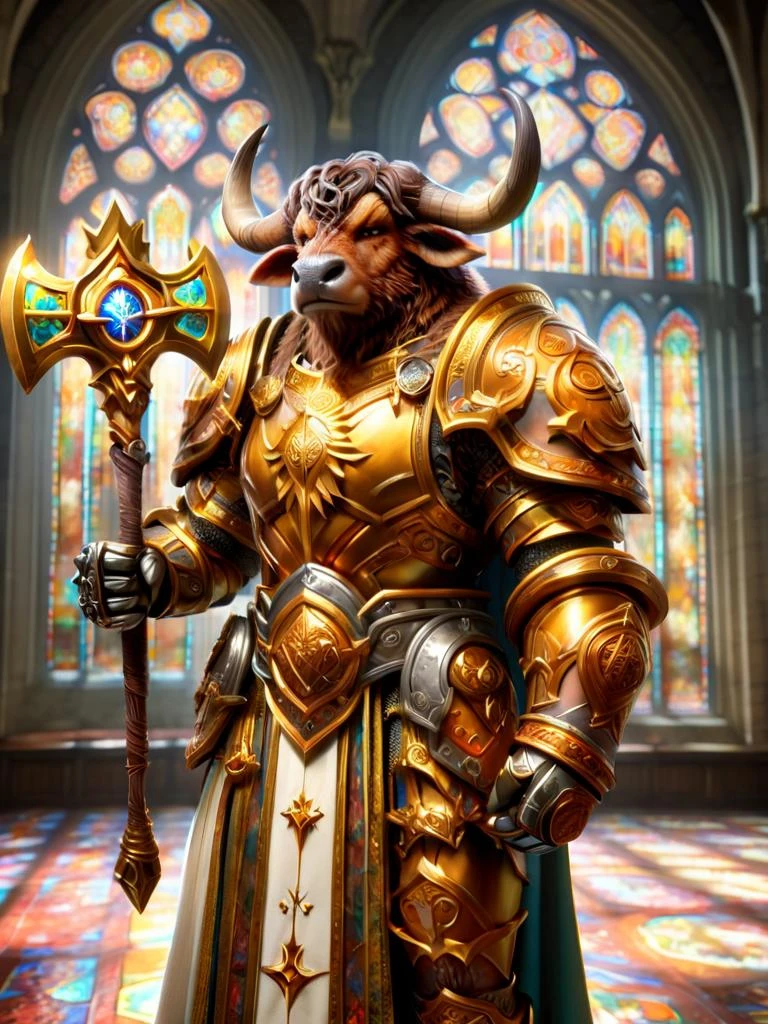 tauren, tauren paladin, paladin outfit, male tauren, tauren with a hammer in a church, golden plate armor, shiny armor, heavy plate armor, stained glass windows, stained glass background, in a church, curch background with stained glass <lora:tauren-sdxl:1>