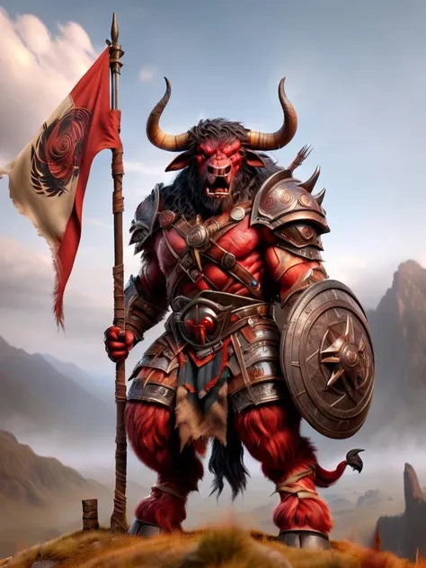 tauren, tauren warmonger, warmonger outfit, male tauren, standing on a hill with a big flag, huge horns, holding a spear, leather armor, screaming, shouting, open mouth, red skin, devil look <lora:tauren-sdxl:1>