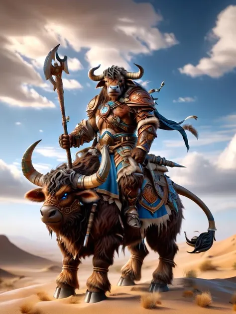 tauren, tauren mount, male tauren, tauren riding on the back of a horned mount, holding a spear, looking at viewer, in the open desert, clouds in the sky, wearing leather armor, mount wearing leather armor, blue eyed mount, hoofes, traditional taurne gear <lora:tauren-sdxl:1>