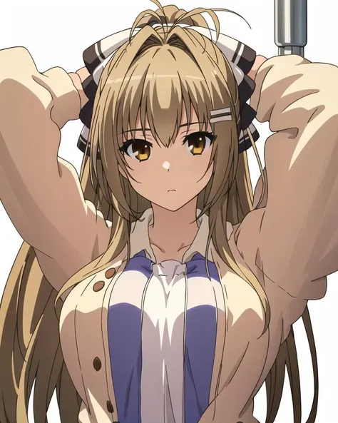 best quality,highly detailed,masterpiece,ultra-detailed,solo,(1girl),(Delicate eyes),(white background:1.3),sento_isuzu,long_hair,hair_bow, brown_eyes, looking_at_viewer,antenna_hair,upper body,