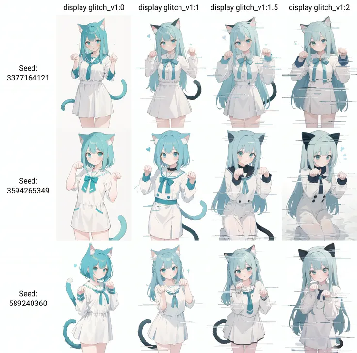 (best quality, masterpiece, highres),1girl,solo,aqua hair,cat ears,cat tail,paw pose,simple background,white clothes,
<lora:display glitch_v1:0>,display lines,