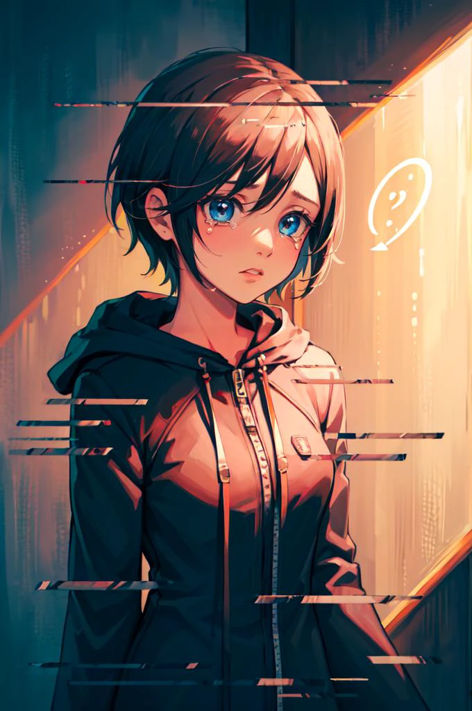 (upper body:1.4), standing, facing viewer, straight-on, sad, shouting, crying with eyes open, underground, laboratory, (stasis tank:1.3), <lora:xion_(kingdom_hearts)_1:0.7> aaxion, short hair, hood, black coat, hooded coat, zipper, long sleeves, black pantyhose, black gloves, black knee boots, <lora:display glitch_v1:1.3> display glitch, (white wall:1.2),, absurdres, ultra detailed, masterpiece, best quality, aesthetic, detailed,