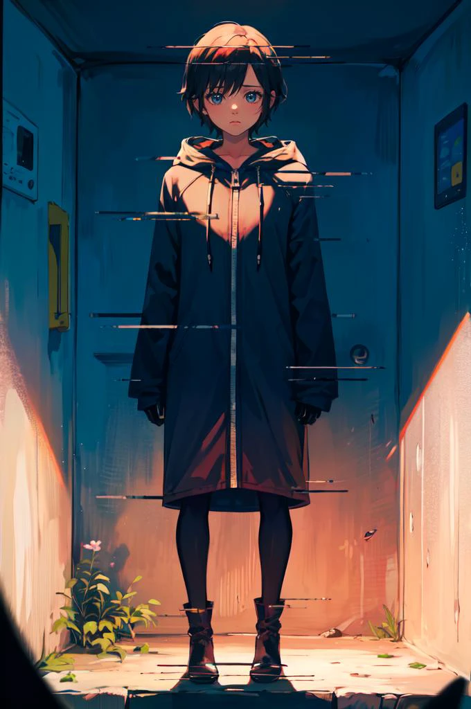 looking down, standing, facing viewer, straight-on, sad, underground, laboratory, (stasis tank:1.3), <lora:xion_(kingdom_hearts)_1:0.7> aaxion, short hair, hood, black coat, hooded coat, zipper, long sleeves, black pantyhose, black gloves, black knee boots, <lora:display glitch_v1:1.3> display glitch, white wall,, absurdres, ultra detailed, masterpiece, best quality, aesthetic, detailed,