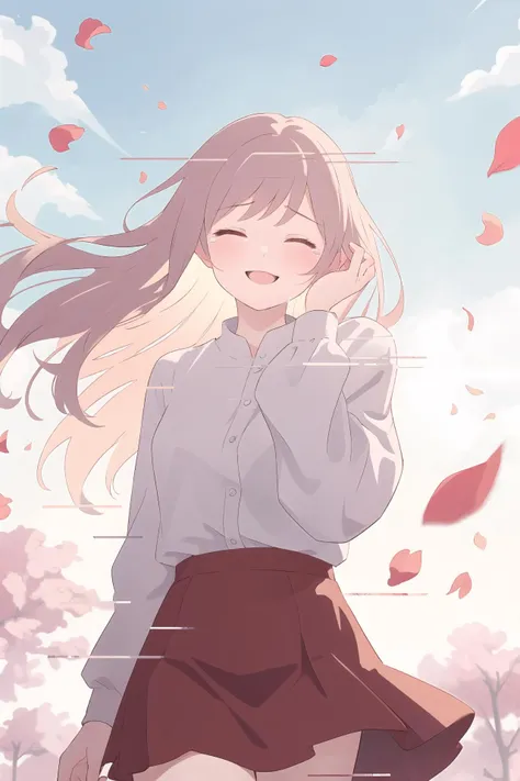 (best quality, masterpiece, highres),1girl,solo,closed eyes,smile,tears,hand in own hair,floating hair,cowboy shot,petals,sky,cirrus,wind,blurry background,backlighting,
<lora:display glitch_v1:1>,display lines,