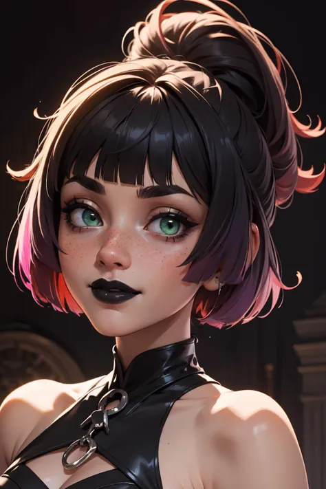 highres, masterpiece, perfect lighting, bloom, cinematic lighting, adult, female, looking at viewer, clamj, <lora:clamj_v10:0.6>, side-swept bangs, black hair, pink IncursioDipDyedHair, messy mid ponytail, green eyes, thick eyebrows, freckles, smile <lora:DipDyedHair:1> <lora:goth_girl:0.8> goth girl, gothic,makeup,black lips