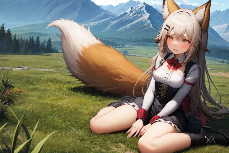 wide shot, (wariza:1.2), 1girl, looking away, arms down, fox ears, fox girl, fox tail, frills underbust, silver trim, suspender skirt, bobby socks, cross-laced footwear, hairpin outdoors, mountain, <lora:tab_head_locon_test:1>,