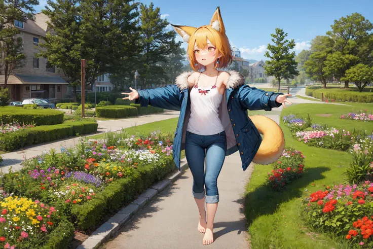 wide shot, (standing:1.2), centered, 1girl, looking away, outstretched arms, fox ears, fox girl, fox tail,  flower trim camisole, fur trim duffel coat, jeans, barefoot, earrings <lora:tab_head_locon_test:1>,