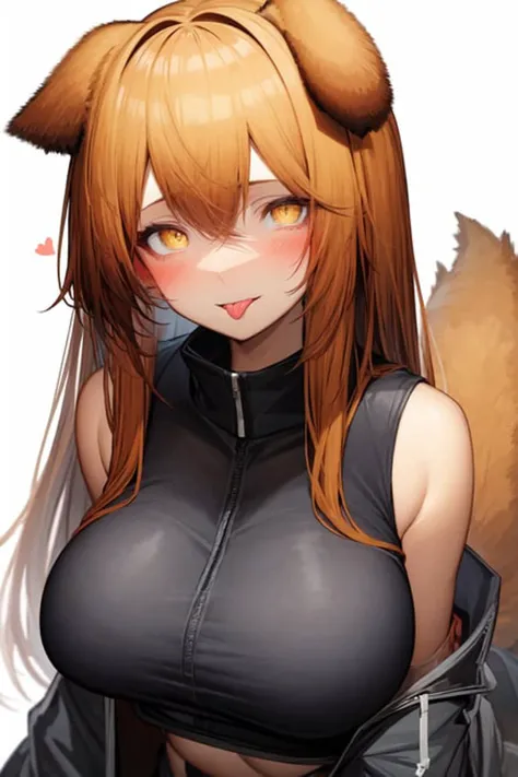 1girl, ceobe \(arknights\), tongue, tongue out, animal ears, tail, blush, heart, (dog ears:1.3), long hair, solo focus, white background, breasts, looking at viewer, simple background, dog girl, dog tail, upper body, [orange hair|yellow hair], yellow eyes, :p, bangs, hair between eyes, 1other, large breasts <lora:tab_head_locon_test:1>,