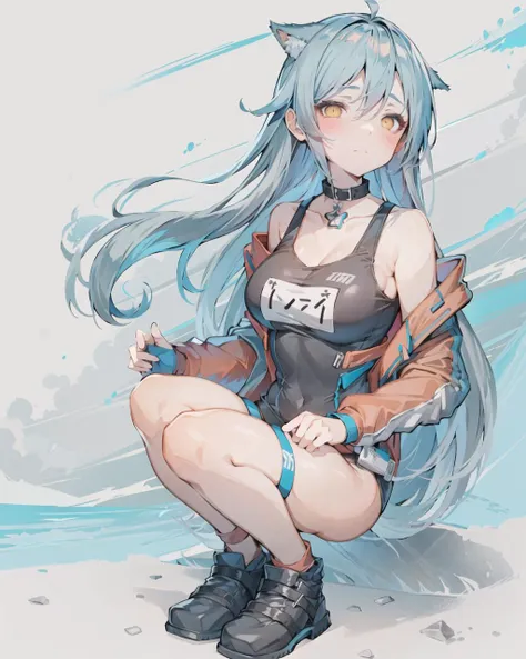 full body, 1girl, solo, projekt red \(arknights\), animal ears, breasts, wolf ears, jacket, yellow eyes, white background, official alternate costume, red jacket, simple background, tail, looking at viewer, squatting, medium breasts, grey hair, fur trim, blush, wolf tail, one-piece swimsuit, swimsuit, hair between eyes, bare shoulders, open jacket, wolf girl, open clothes, long hair, off shoulder, black one-piece swimsuit, bangs, fur-trimmed jacket, casual one-piece swimsuit, closed mouth,  <lyco:tab_head_locon_test:0.7>,   <lora:Flat:0.6>