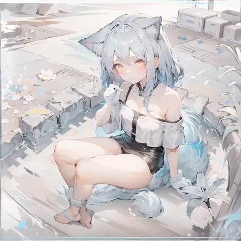 full body, 1girl, solo, projekt red \(arknights\), animal ears, breasts, wolf ears, jacket, yellow eyes, white background, official alternate costume, red jacket, simple background, tail, looking at viewer, medium breasts, grey hair, fur trim, blush, wolf tail, one-piece swimsuit, swimsuit, hair between eyes, bare shoulders, open jacket, wolf girl, open clothes, long hair, off shoulder, black one-piece swimsuit, bangs, fur-trimmed jacket, casual one-piece swimsuit, closed mouth,  <lyco:tab_head_locon_test:0.7>,  <lora:Flat:0.3>