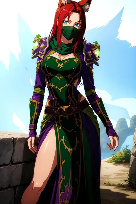 nemesisraiment:1.2, warlockt2:1.2, solo, 1girl,, cowboy shot, red hair, blue eyes, fox ears, large breasts, <lora:Clothes - Nemesis:0.7> armor, shoulder armor, green robes:1.2, runes, belt, long sleeves, covered_legs, covered_navel, cowl, covered face, long purple dress,
