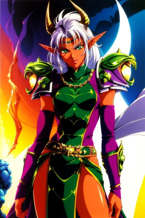 1990s \(style\), solo, 1girl, dark skin, white hair, long hair, elf, pointy ears, dark-skinned female, green eyes, green robes, shoulder armor, gauntlets, nemesis, warlock, long long sleeves, circlet, upper body, belt, warcraft, night, cavern, cave, water, horns, <lora:Clothes - Nemesis:0.75> upper body, detailed background,