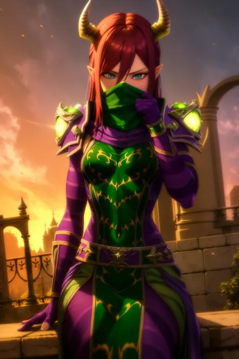 nemesisraiment:1.2, warlockt2:1.2, solo, 1girl,, cowboy shot, red hair, blue eyes, <lora:Clothes - Nemesis:0.75> armor, shoulder armor, green robes:1.2, runes, belt, long sleeves, covered_legs, covered_navel, cowl, covered face, long purple dress, green gloves, purple leggings, purple wrist_wrap, demon_horns, magic, ruins, demonic ritual,